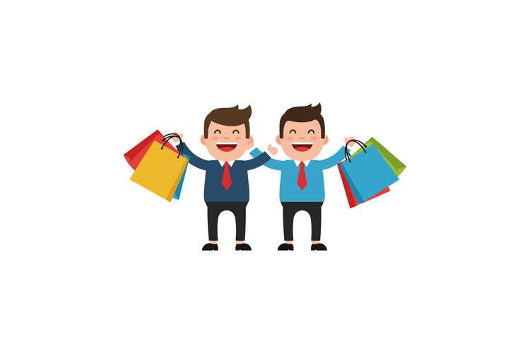Happy men holding colorful shopping bags in flat vector art
