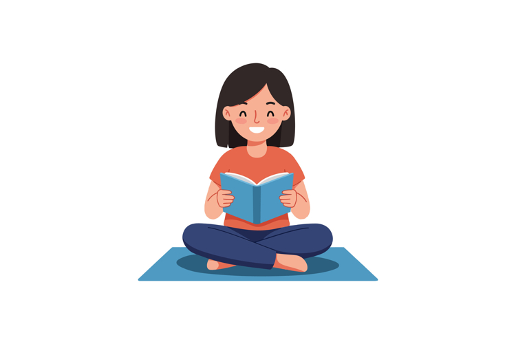 Girl sitting on a mat reading a book in flat vector art