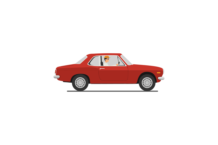 Classic red car driving in a flat minimal vector illustratio