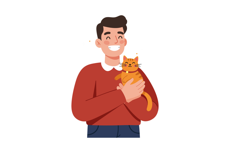 Happy man holding an orange cat in flat vector art