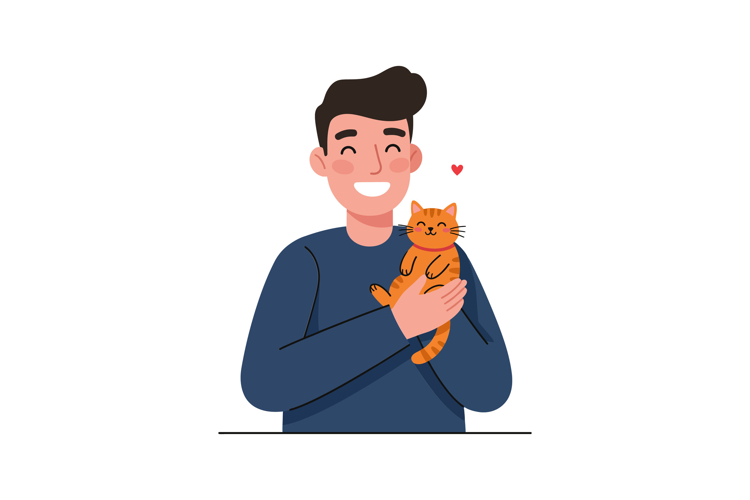 Happy man holding a cute orange cat in flat vector illustrat