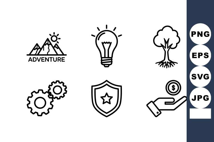 Adventure mountain tree light bulb gear shield hand coin vec