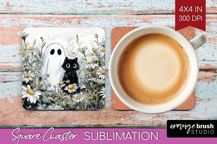 Cute Ghost Square Coaster - Spooky Halloween Coaster PNG
