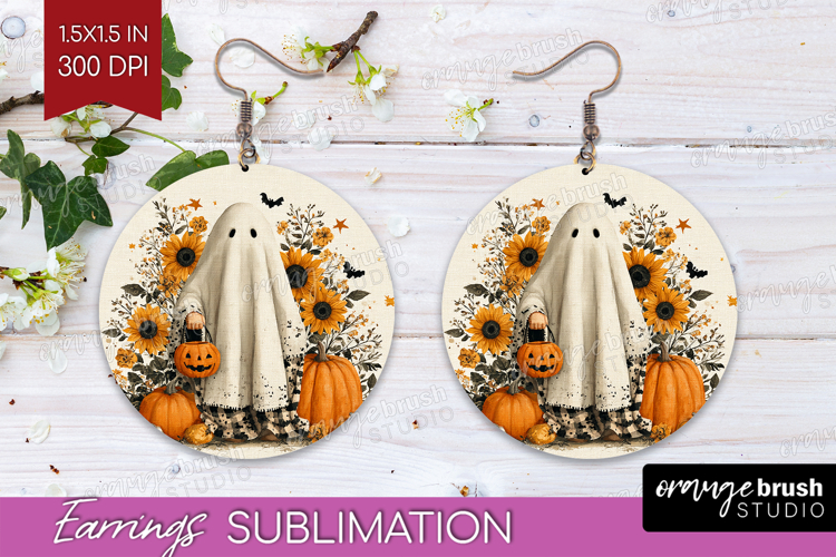 Ghost Halloween Round Earrings Spooky Season PNG Sublimation