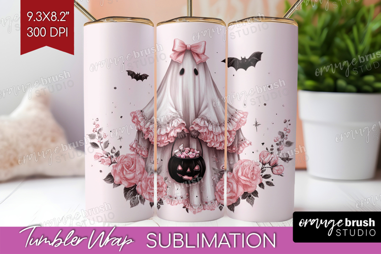 Ghost Cute Tumbler Wrap Pink Halloween Tumbler PNG