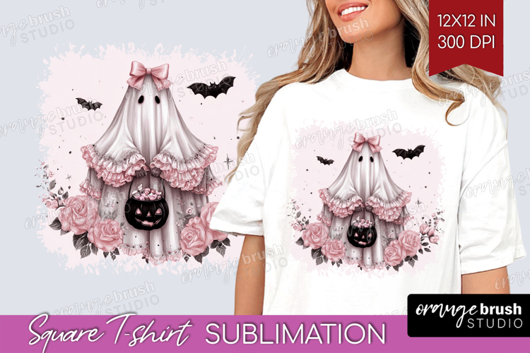 Ghost Cute Square Tshirt Background Pink Halloween PNG