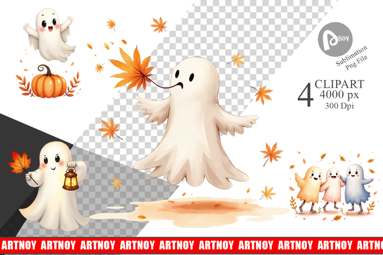 Clipart Watercolor Ghost Autumn Leaves