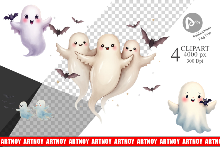 Clipart Watercolor Ghost Bat Friends