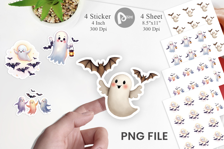 Sticker Watercolor Ghost Bat Friends