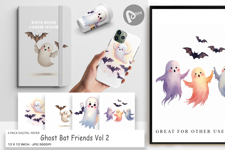 Digital Paper Watercolor Ghost Bat Friends