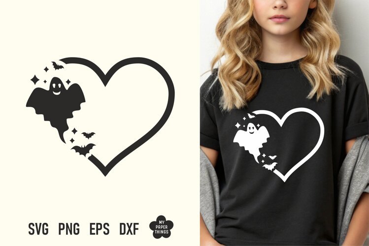 Ghost and bats heart SVG cut file design featuring a heart outline with a flying ghost and bats on a black t-shirt mockup
