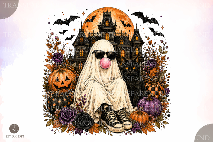 Ghost Blowing Bubble Gum PNG, Girly Halloween Ghost Design