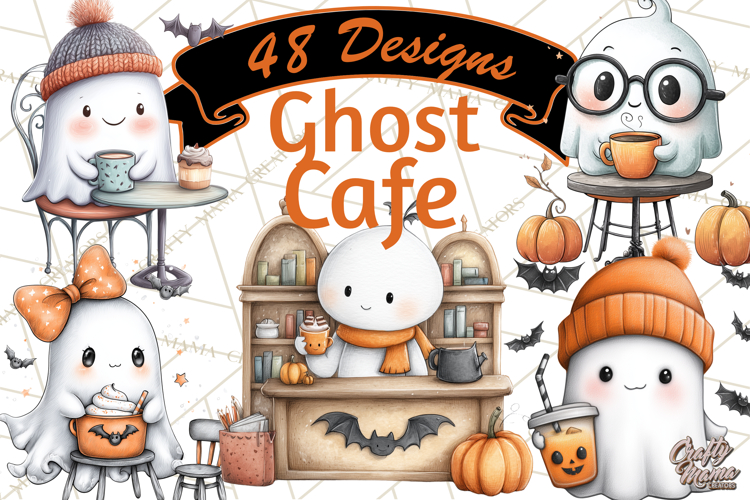 Ghost Café Mini World PNG, Cute Halloween Coffee Ghosts