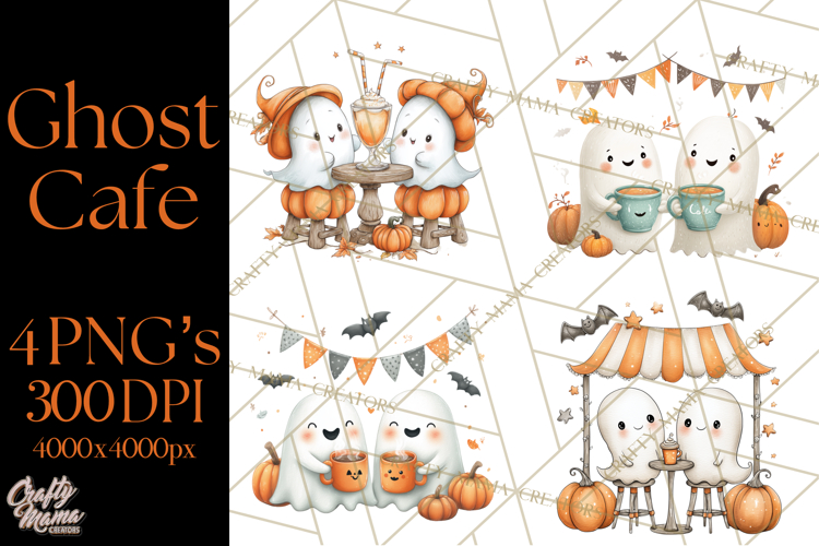 Ghost Café Mini World PNG, Cute Halloween Coffee Ghosts