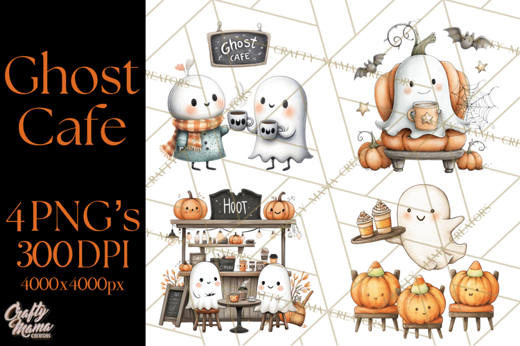 Ghost Café Mini World PNG, Cute Halloween Coffee Ghosts