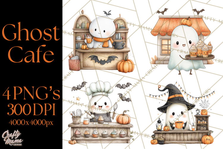 Ghost Café Mini World PNG, Cute Halloween Coffee Ghosts