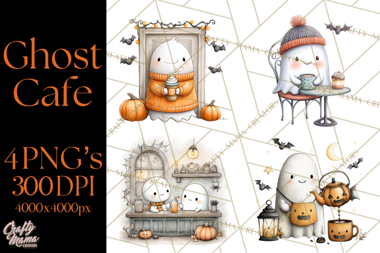 Ghost Café Mini World PNG, Cute Halloween Coffee Ghosts