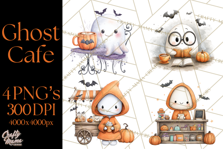 Ghost Café Mini World PNG, Cute Halloween Coffee Ghosts