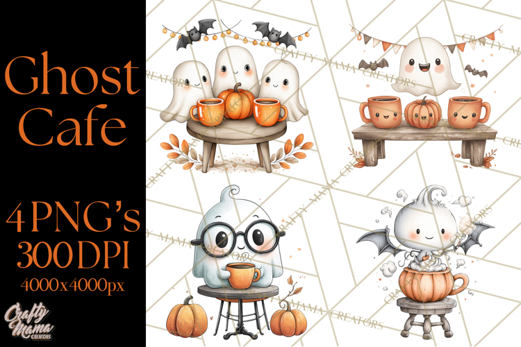 Ghost Café Mini World PNG, Cute Halloween Coffee Ghosts