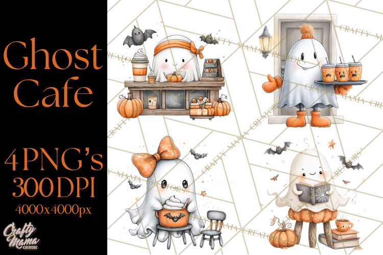 Ghost Café Mini World PNG, Cute Halloween Coffee Ghosts