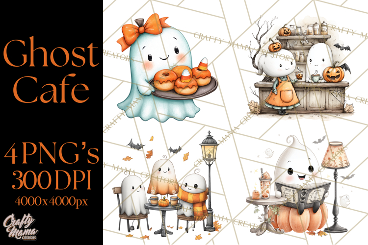 Ghost Café Mini World PNG, Cute Halloween Coffee Ghosts