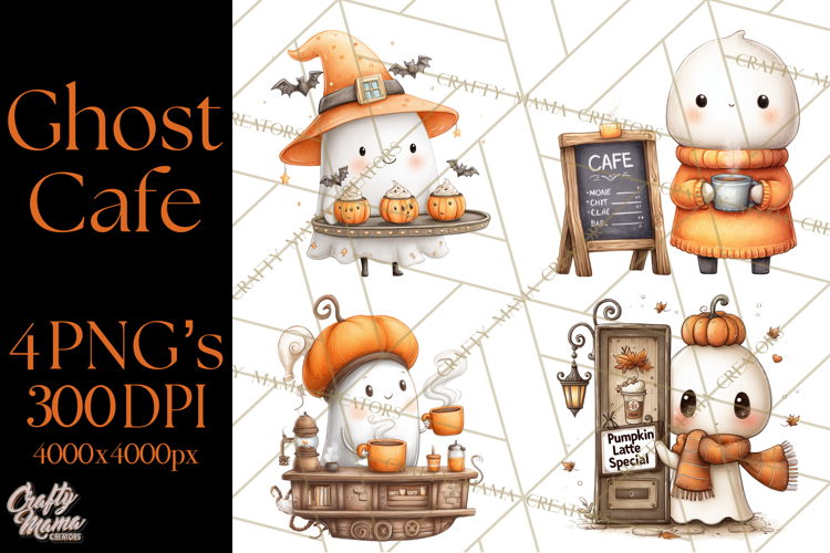 Ghost Café Mini World PNG, Cute Halloween Coffee Ghosts