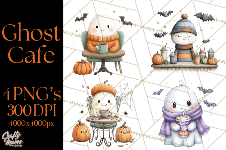 Ghost Café Mini World PNG, Cute Halloween Coffee Ghosts