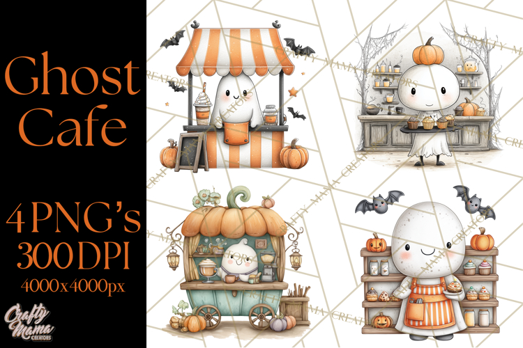 Ghost Café Mini World PNG, Cute Halloween Coffee Ghosts