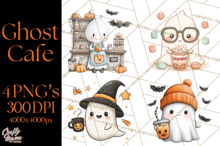 Ghost Café Mini World PNG, Cute Halloween Coffee Ghosts