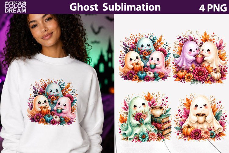 Cute Ghost Coffee Clipart | Halloween Sublimation Design
