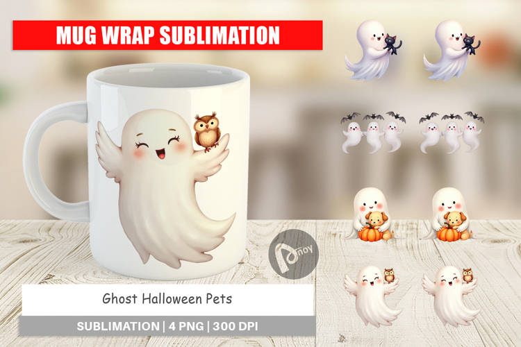 Mug Wrap Watercolor Ghost Halloween Pets
