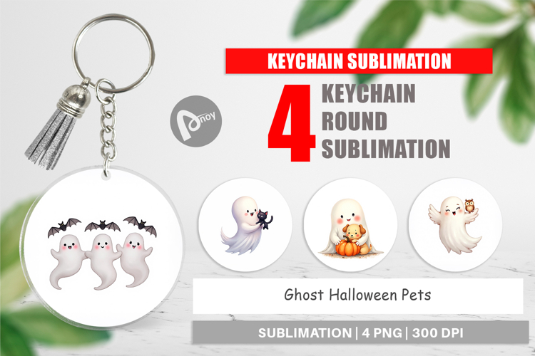 Keychain Watercolor Ghost Halloween Pets