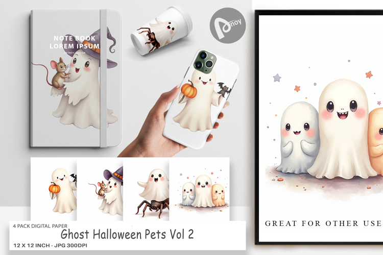 Digital Paper Watercolor Ghost Halloween Pets