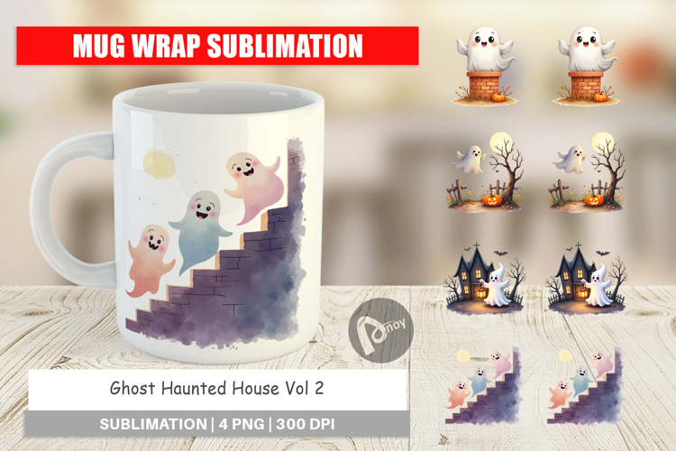 Mug Wrap Watercolor Ghost Haunted House