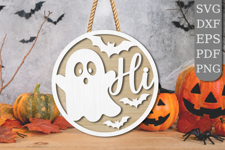 Ghost Hi Halloween Round Sign Laser Cut SVG