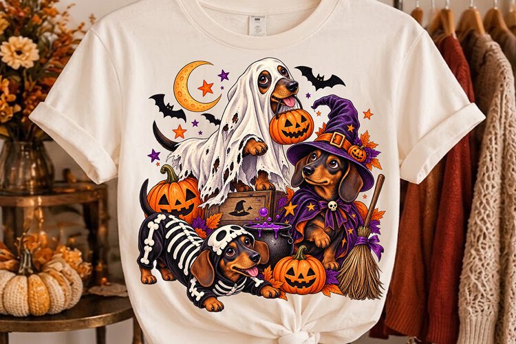 Halloween Ghost Dogs PNG, Dachshund Witch Skeleton Costume