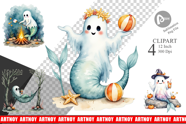 Summerween Ghost Mermaids Clipart