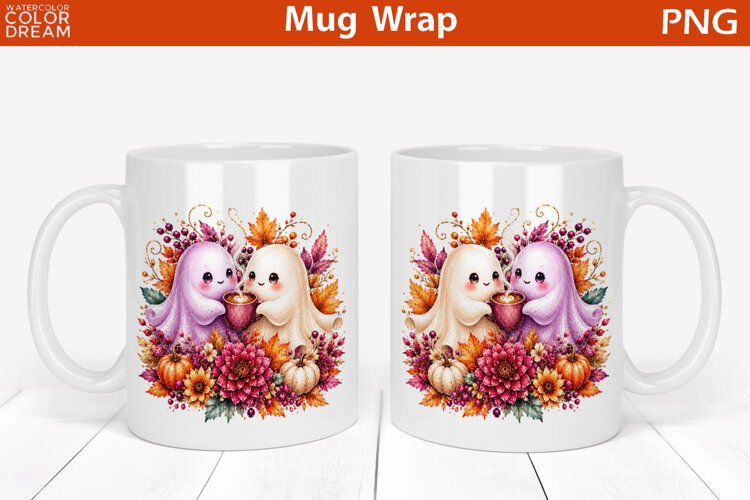 Cute Halloween Ghost Couple | Fall Floral Mug Wrap example image 1