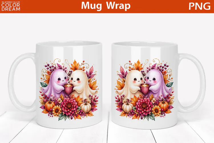 Cute Halloween Ghost Couple | Fall Floral Mug Wrap
