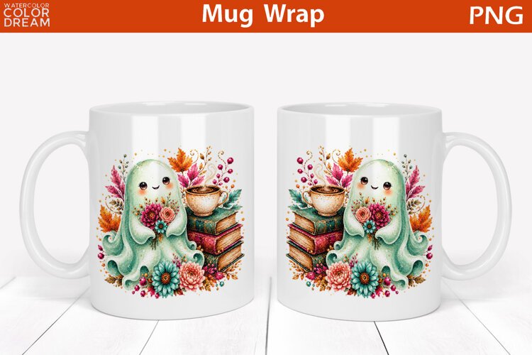 Cute Halloween Ghost with Coffee | Floral Mug Wrap example image 1