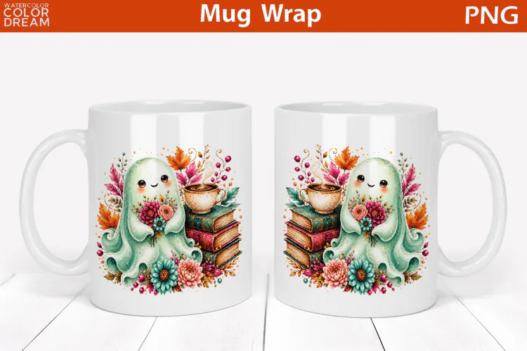 Cute Halloween Ghost with Coffee | Floral Mug Wrap