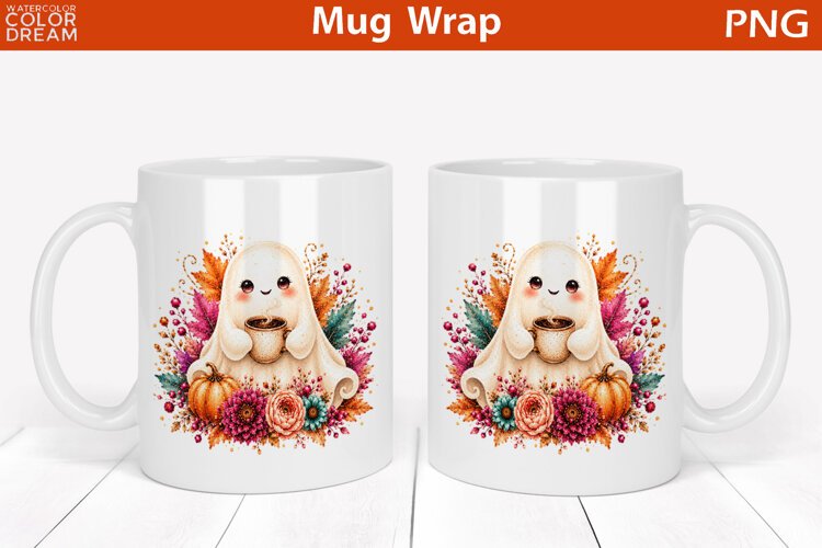Cute Halloween Coffee Ghost | Fall Floral Mug Wrap example image 1
