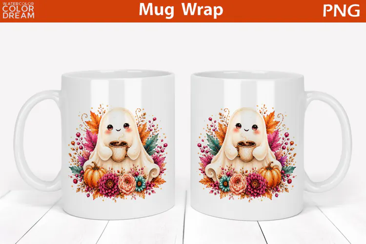 Cute Halloween Coffee Ghost | Fall Floral Mug Wrap