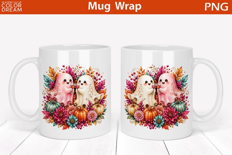 Cute Halloween Ghost Couple | Fall Floral Mug Wrap example image 1