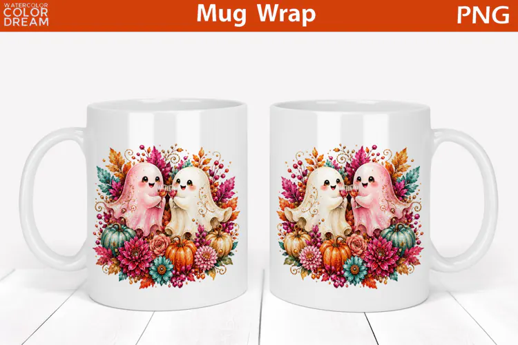 Cute Halloween Ghost Couple | Fall Floral Mug Wrap