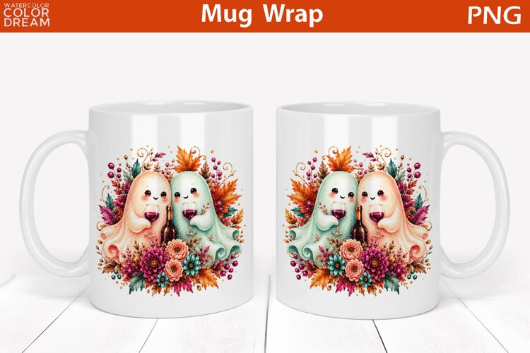 Cute Halloween Wine Ghost Couple | Floral Mug Wrap example image 1