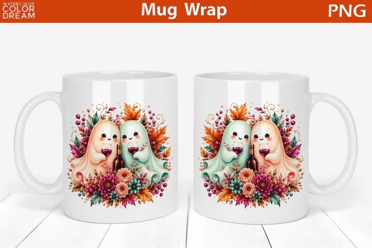 Cute Halloween Wine Ghost Couple | Floral Mug Wrap