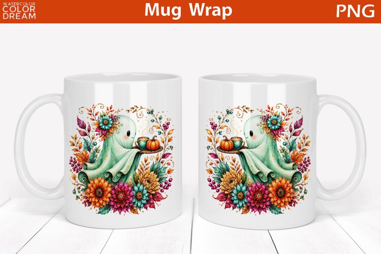 Cute Fall Ghost Floral | Halloween Mug Wrap example image 1