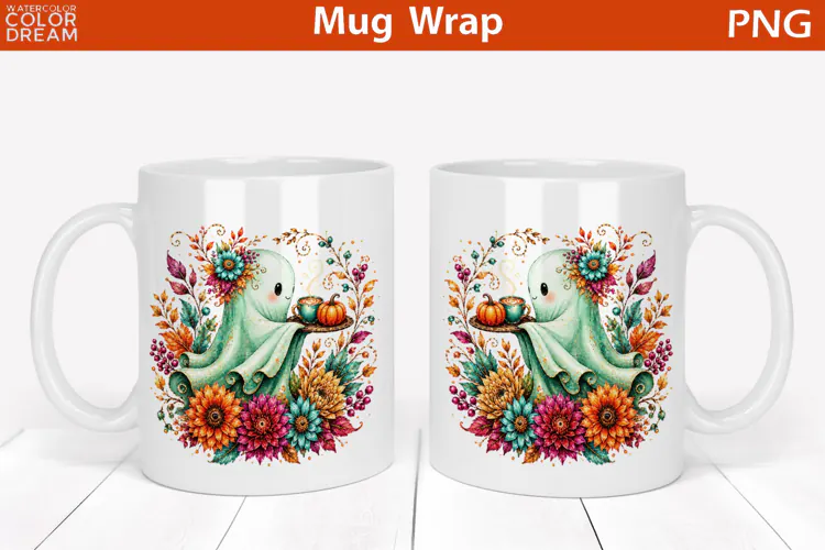 Cute Fall Ghost Floral | Halloween Mug Wrap