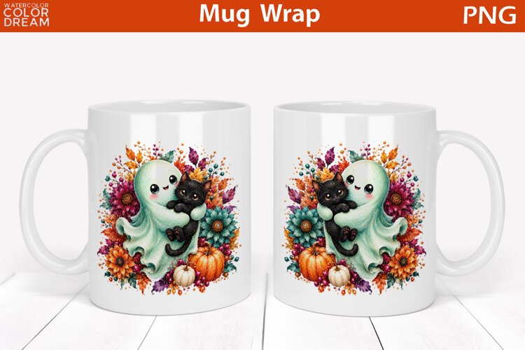 Cute Ghost and Black Cat | Halloween Mug Wrap example image 1
